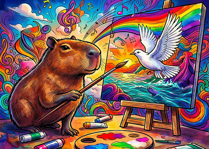 Capybara Artist Painting a Dove