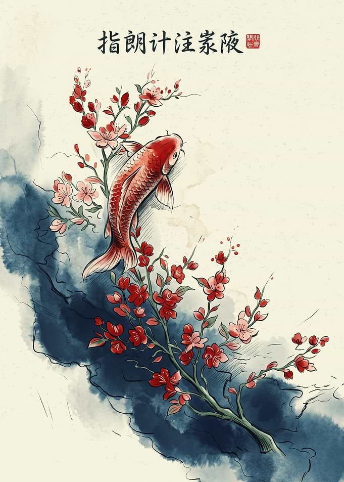 Koi Fish Plum Blossom Asian Art Watercolor Ink Painting Traditional Japanese Style