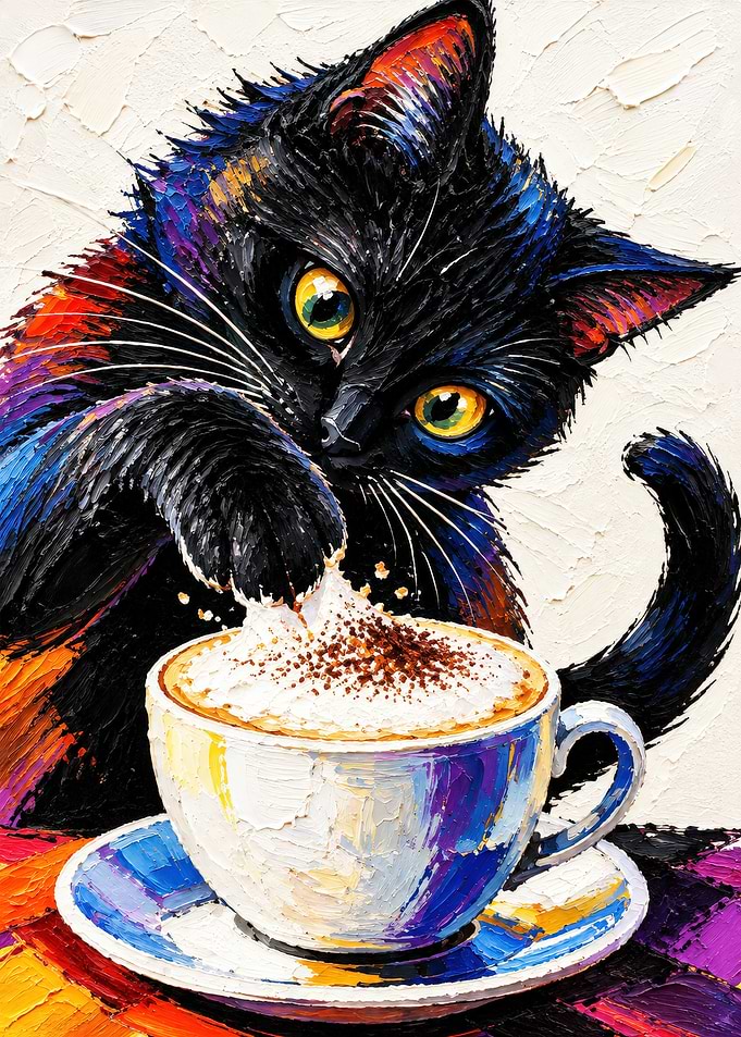 Black Cat Dipping Paw in Cappuccino