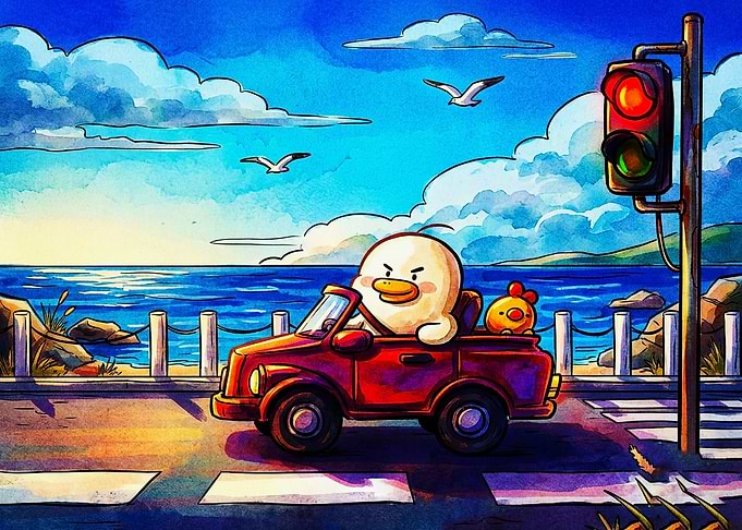 Cute Duck Driving Red Car