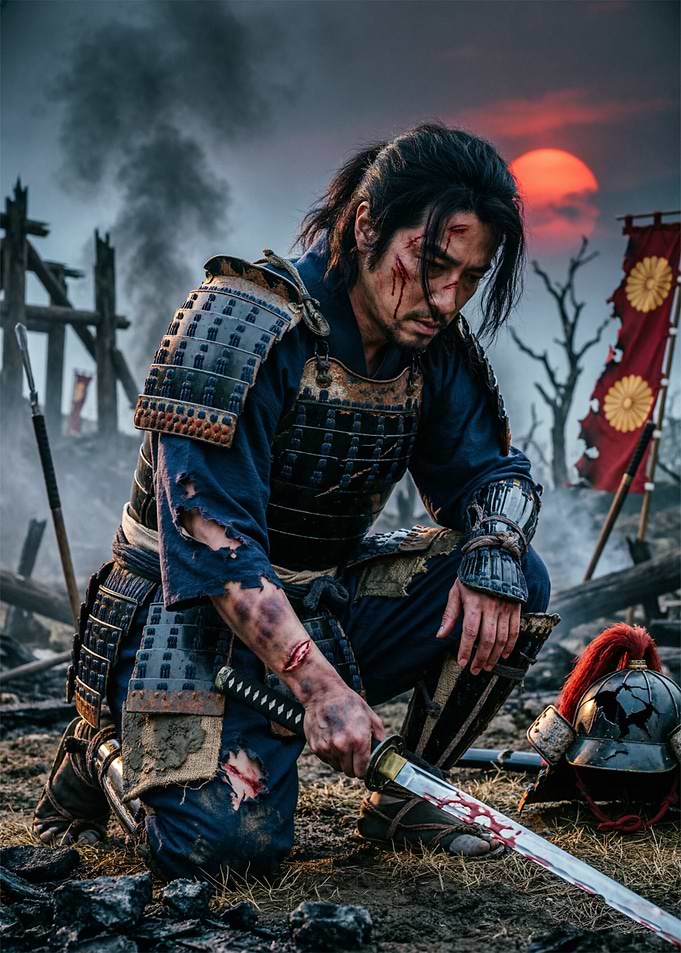 Wounded Samurai Kneeling on Battlefield