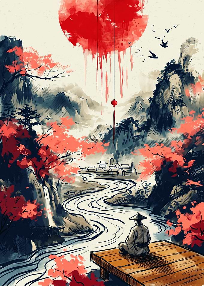 Asian Landscape Monk Red Sun Japanese Watercolor Ink Painting Print