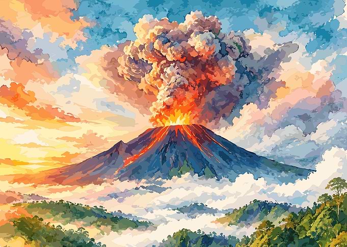Volcanic Eruption Over Lush Landscape