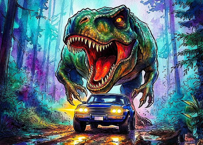 T-Rex Chasing Car in Forest