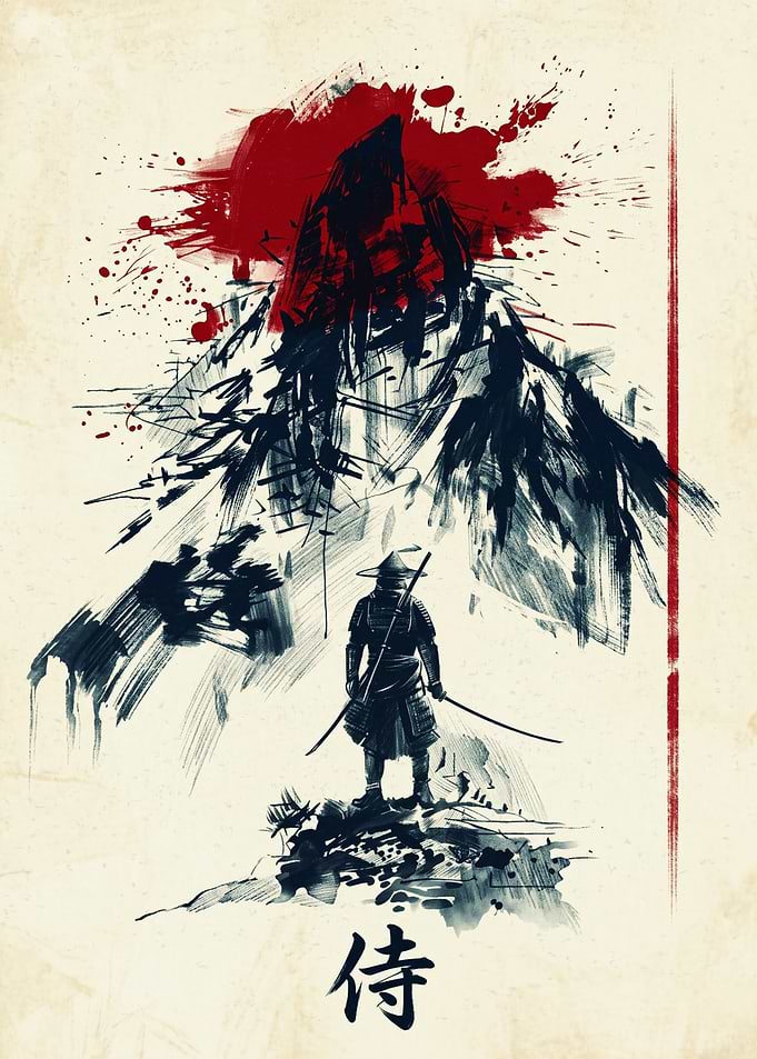 Samurai Mountain Japanese Ink Painting Art Print