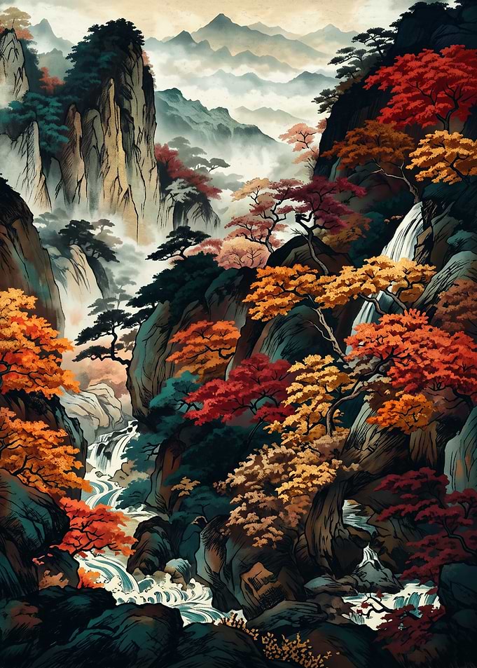 Autumn Mountain Waterfall Landscape Japanese Ukiyo E Art Print
