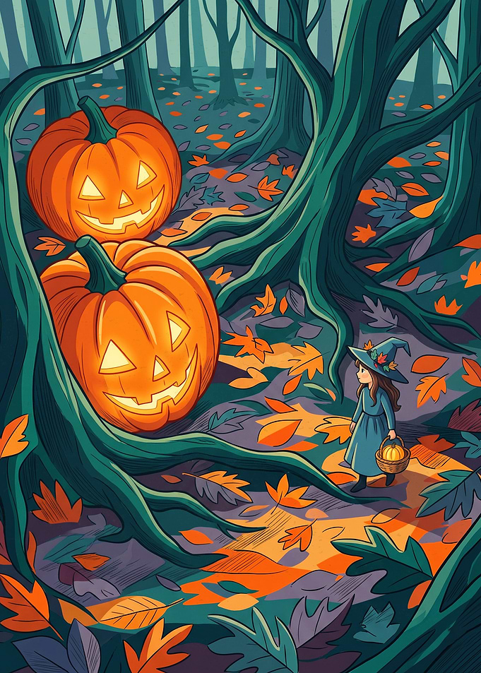 Little Witch And Giant Jack O Lantern Halloween Forest Comic Art