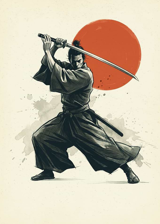 Samurai Warrior Drawing Japan Art Print Ink Sketch