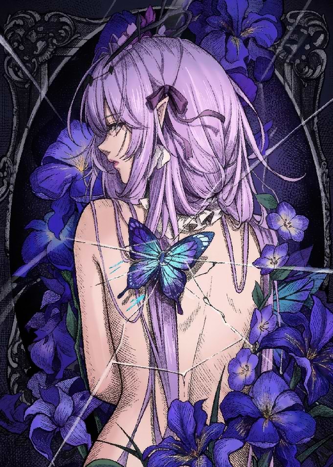 Anime Girl with Butterfly and Irises