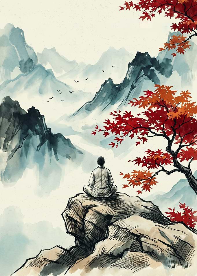 Meditating Monk Mountain Landscape Watercolor Chinese Ink Painting Art