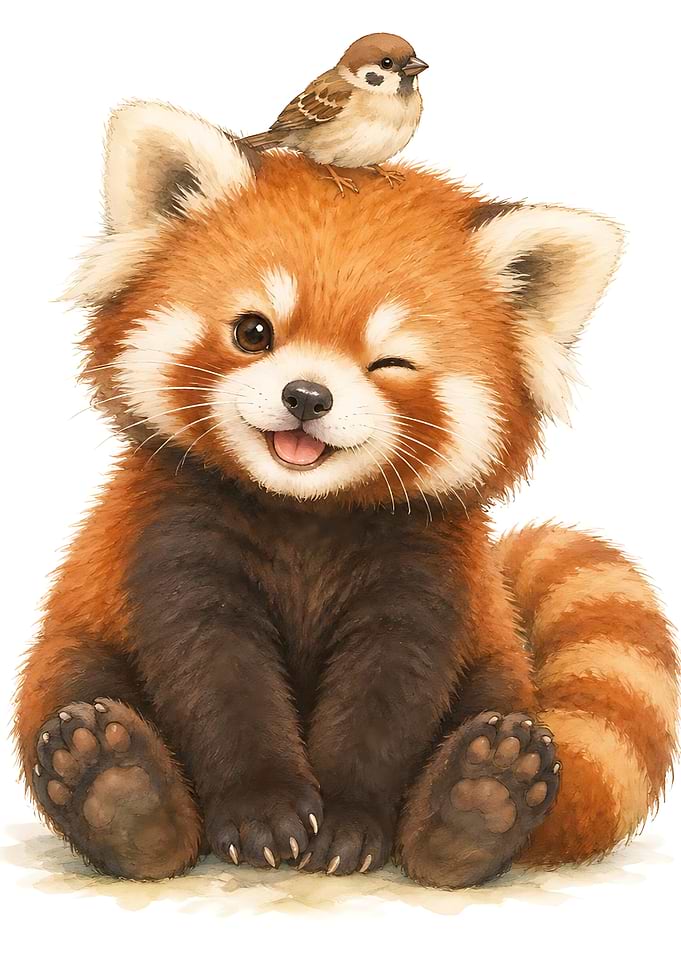 Cute Red Panda with Sparrow
