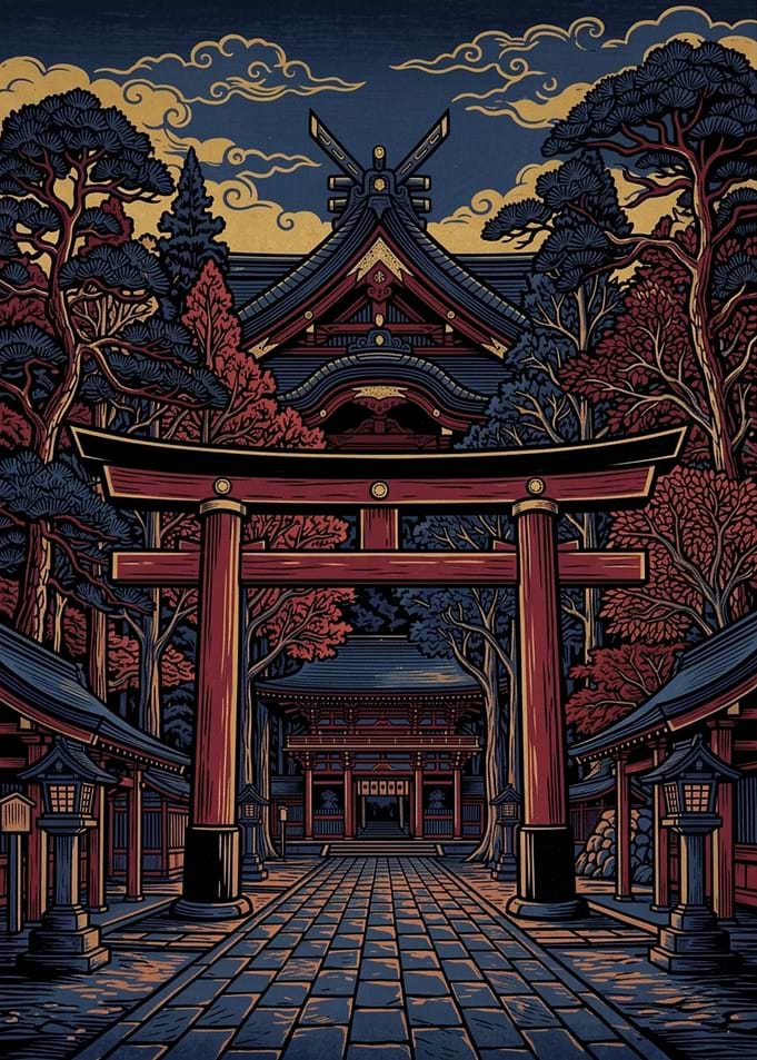 Meiji Jingu Shrine Tokyo in Ukiyo-e Style