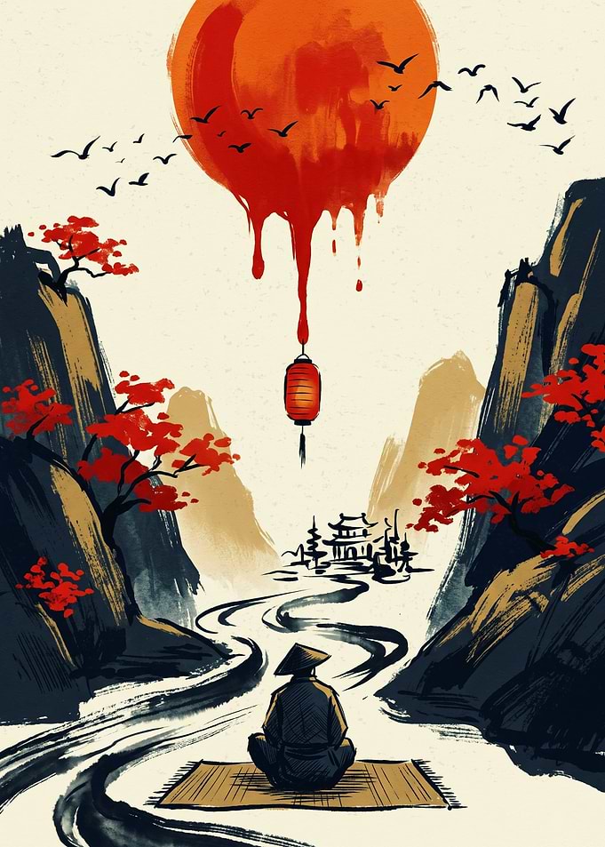 Asian Landscape Samurai Red Sun And Lantern Watercolor Ink Art Print