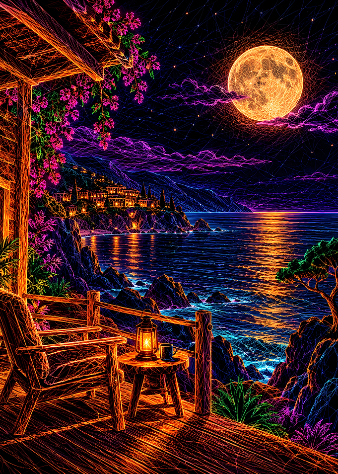 Neon Moonlit Coastal Balcony View