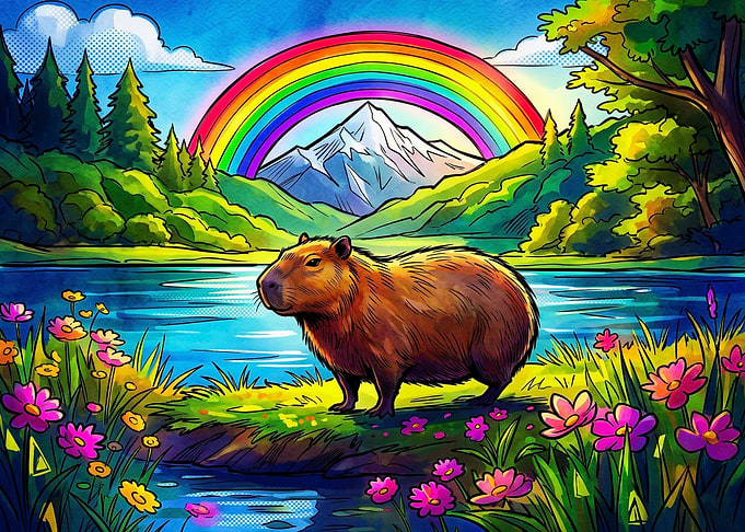 Capybara in a Vibrant Rainbow Landscape