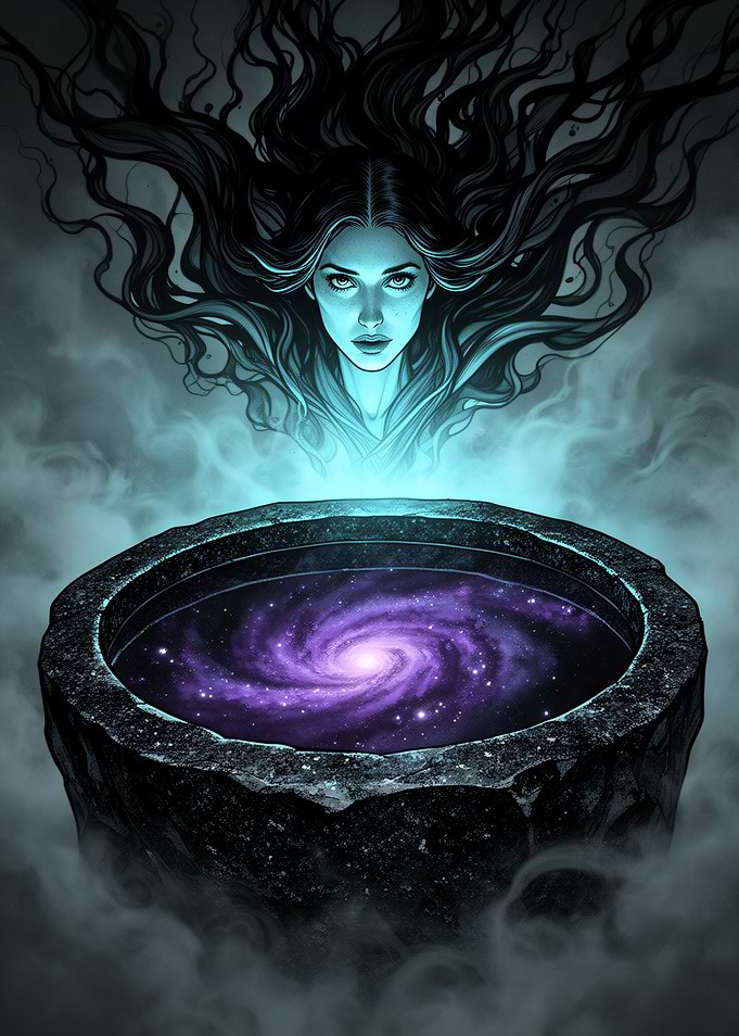 Mystical Woman Gazing into Cosmic Cauldron