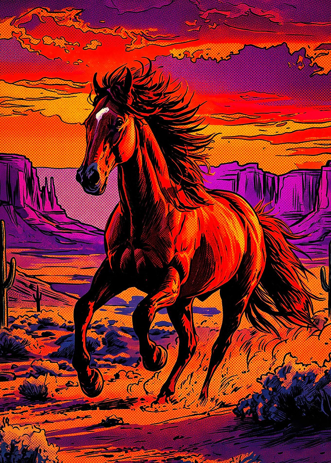 Horse Mountain Sunset Retro Art