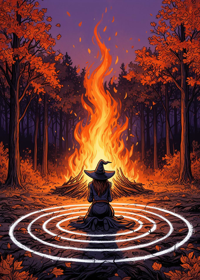 Witch Kneeling Before Magical Bonfire