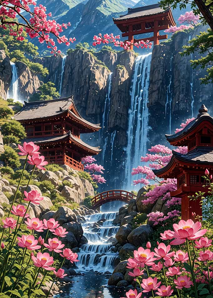 Sakura Japanese Temple Waterfall Landscape Cherry Blossom