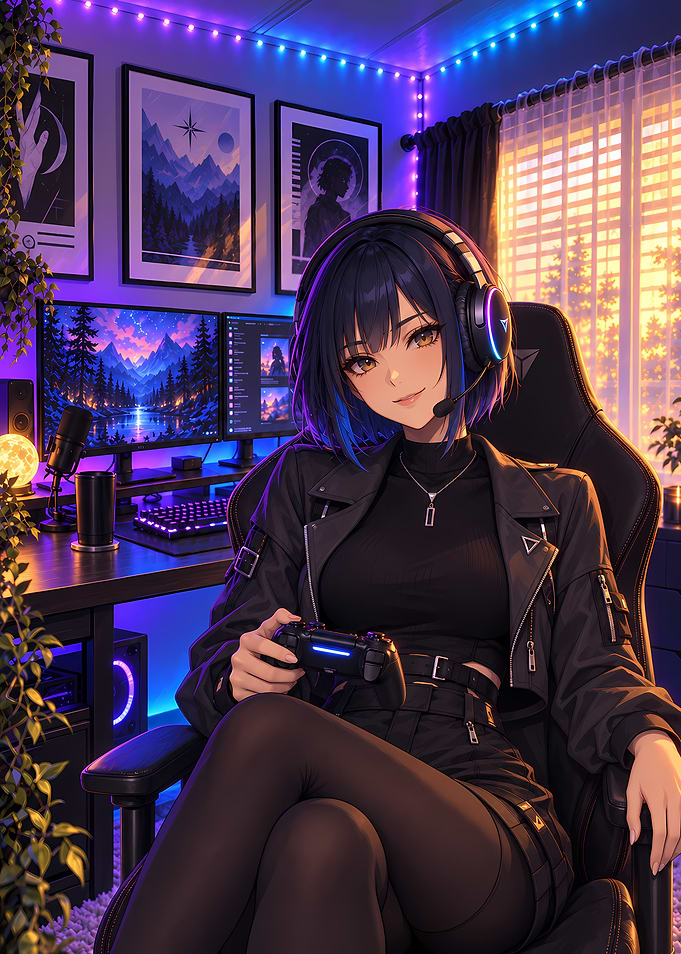 Anime Gamer Girl in Neon Room