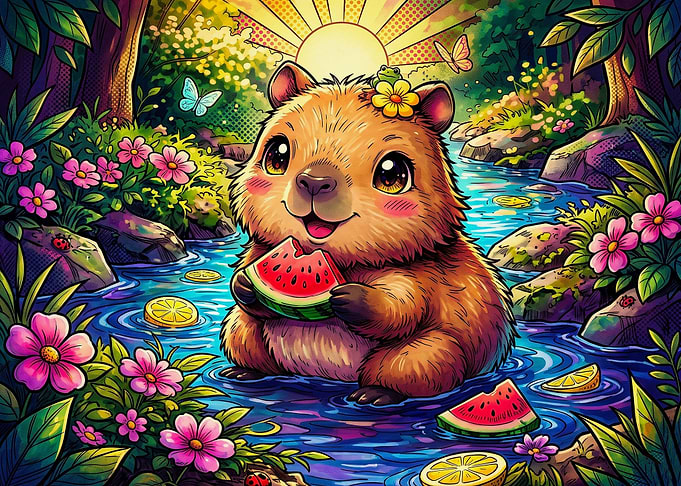 Cute Capybara Eating Watermelon in Stream