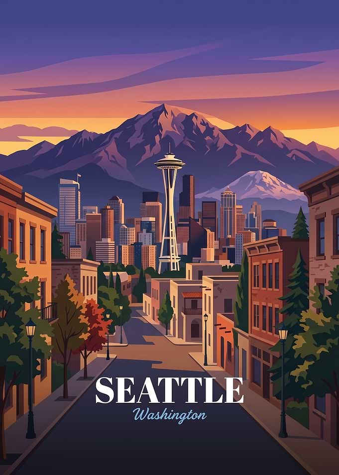 Seattle Washington Cityscape Travel Poster