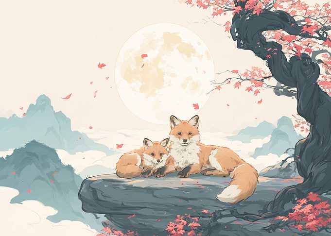 Two Foxes Under a Moonlit Tree