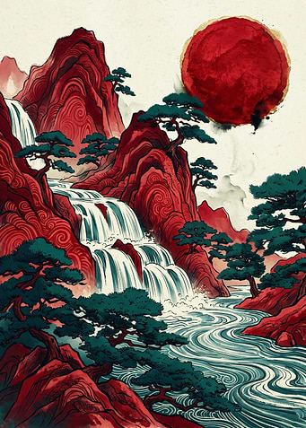 Japanese Waterfall Red Sun Landscape Mountain Art Print Ukiyo E