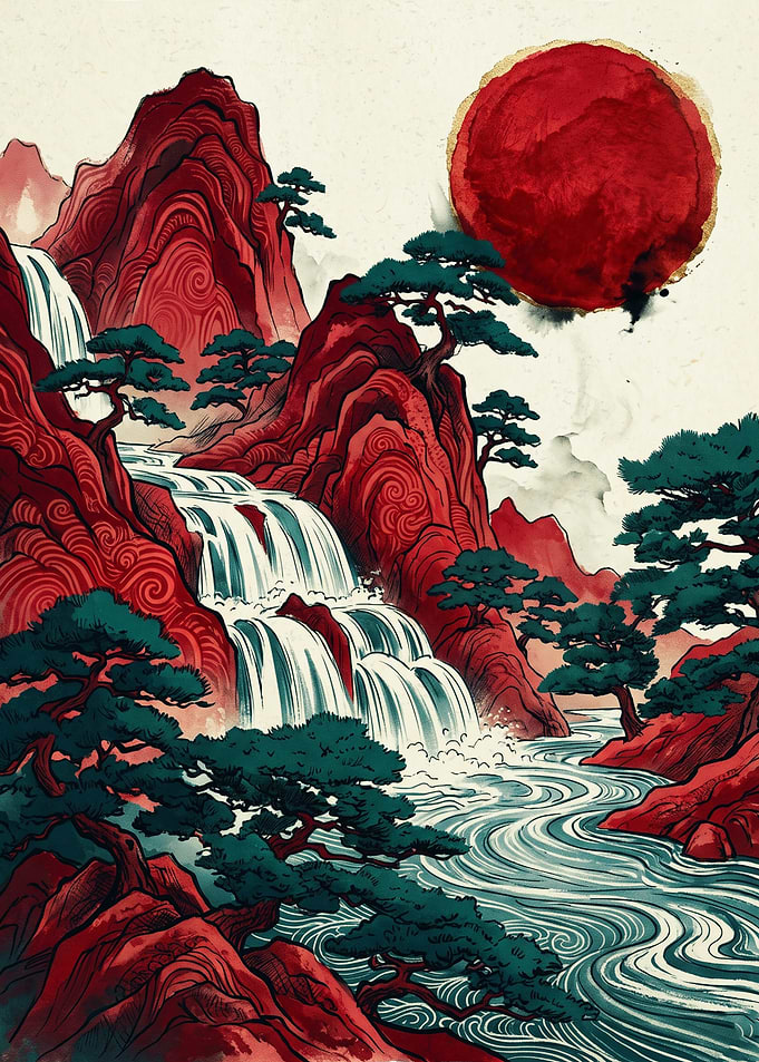 Japanese Waterfall Red Sun Landscape Mountain Art Print Ukiyo E