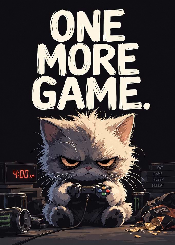 One More Game Midnight Gamer Kitten Wall Art