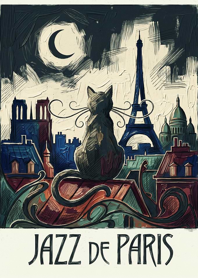 Cat In Paris Cityscape Jazz Art Style