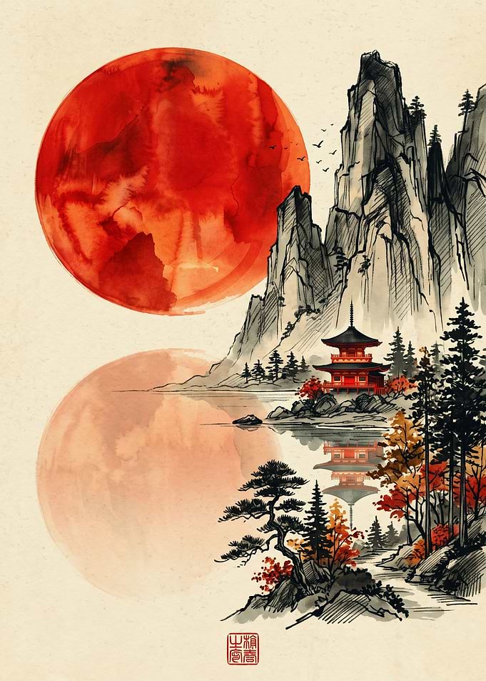 Japanese Pagoda Red Sun Landscape Japanese Art Watercolor Ink Wash Print