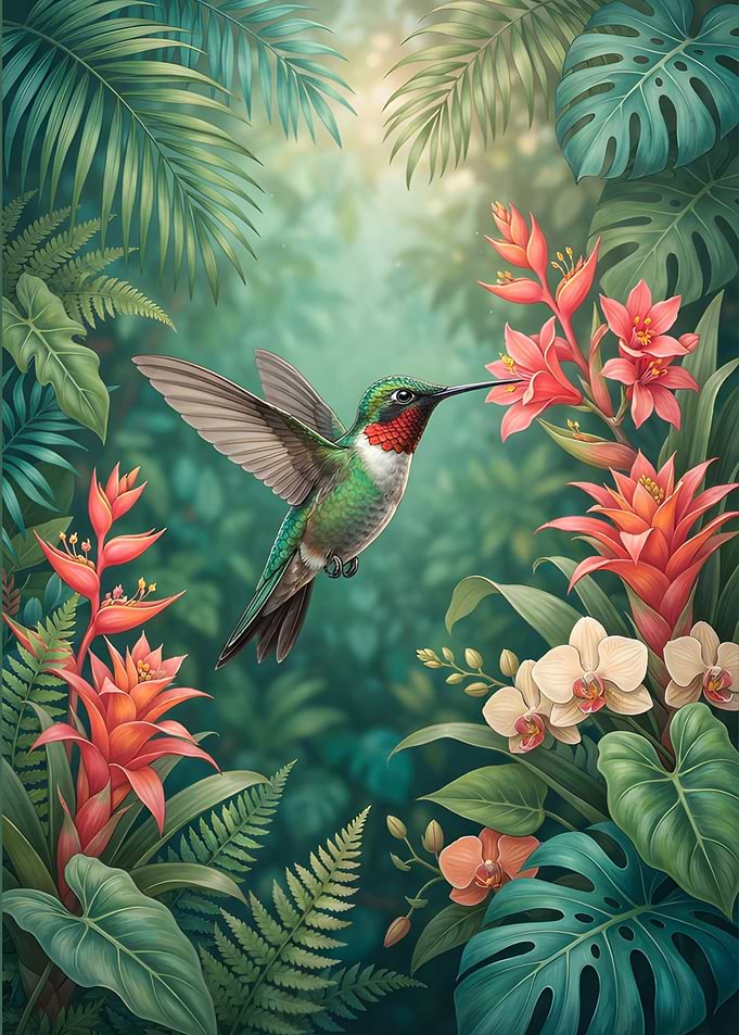 Hummingbird in a Tropical Garden