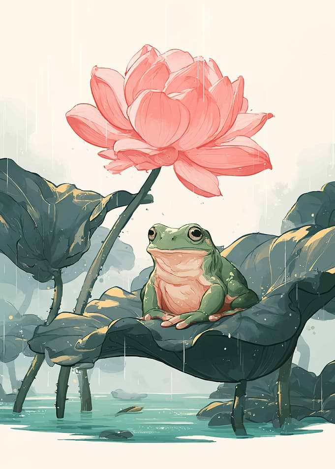 Frog Resting on Lotus Leaf