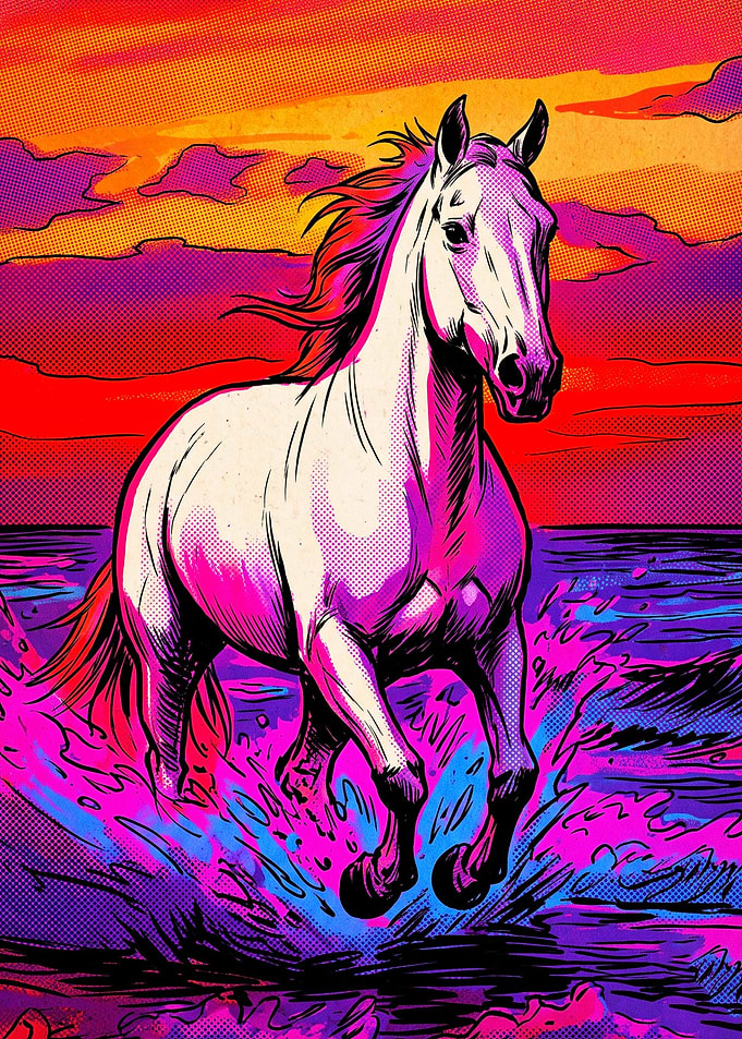 Horse Ocean Retro Sunset Pop Art