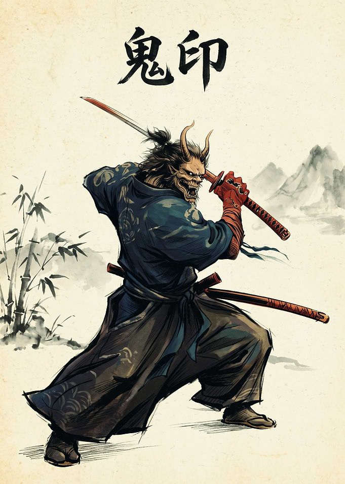 Samurai Demon Japanese Art Ink Brush Style
