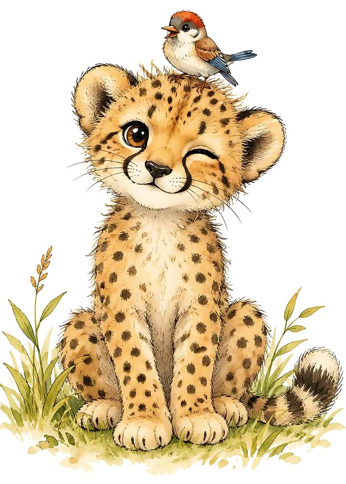 Cute Cheetah Cub with Little Bird