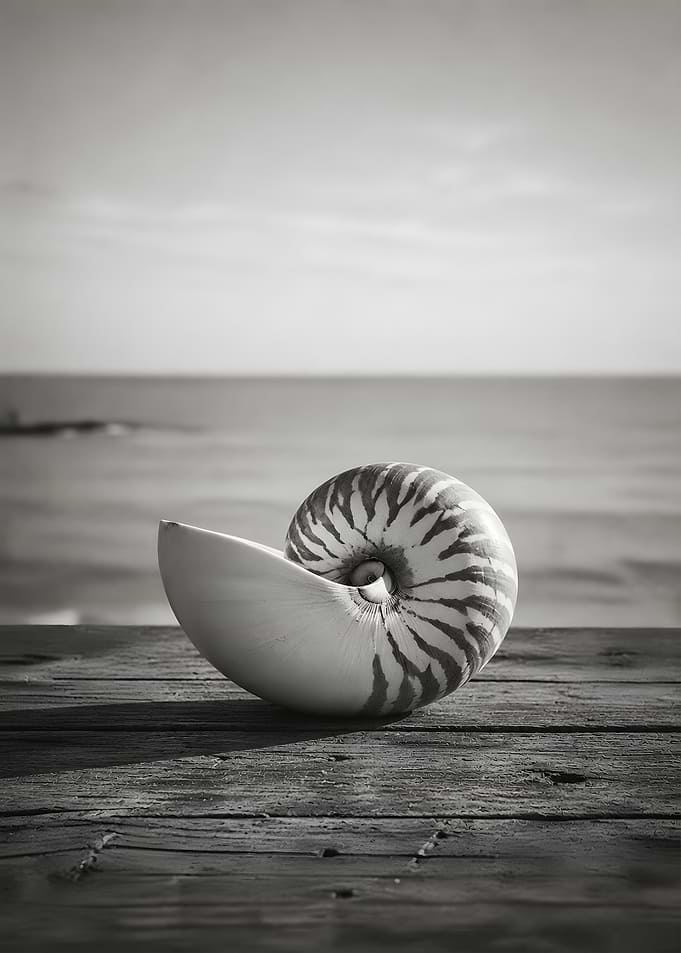 Nautilus Seashell on Rustic Wooden Table