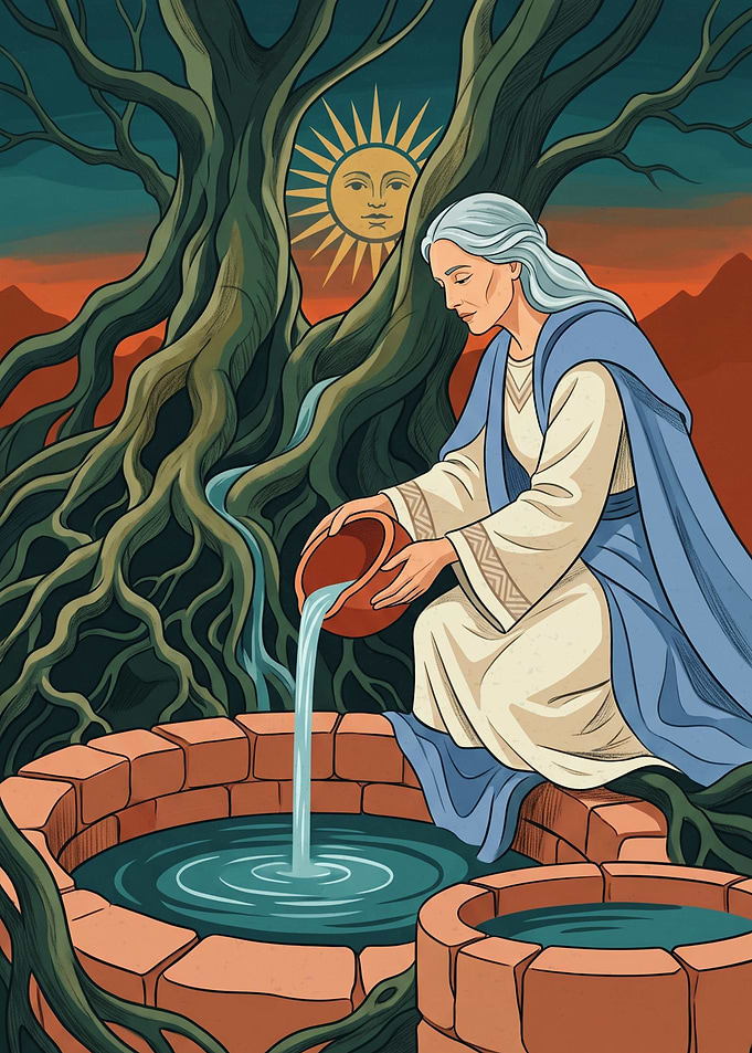Goddess Pouring Water Well Tree Sun Mythological Art Illustration