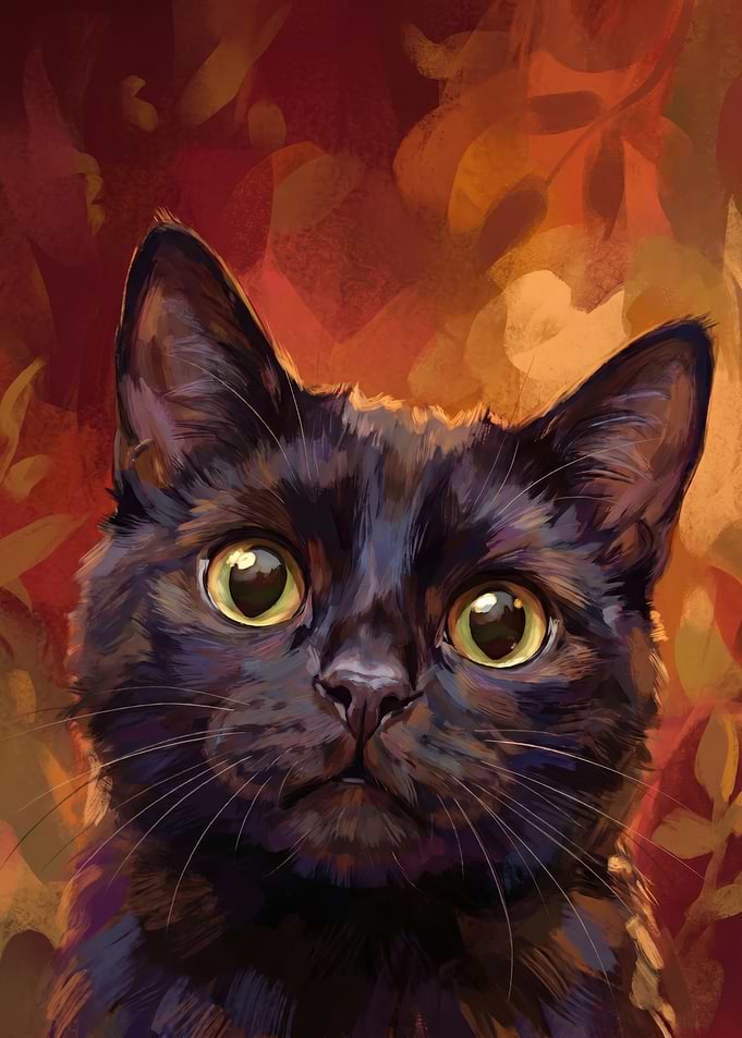 Majestic Black Cat Portrait Autumnal Hues