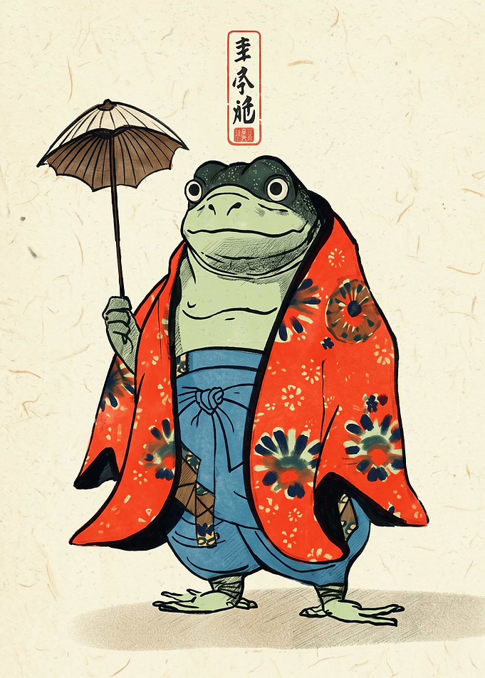 Samurai Frog With Umbrella Japanese Ukiyo E Art