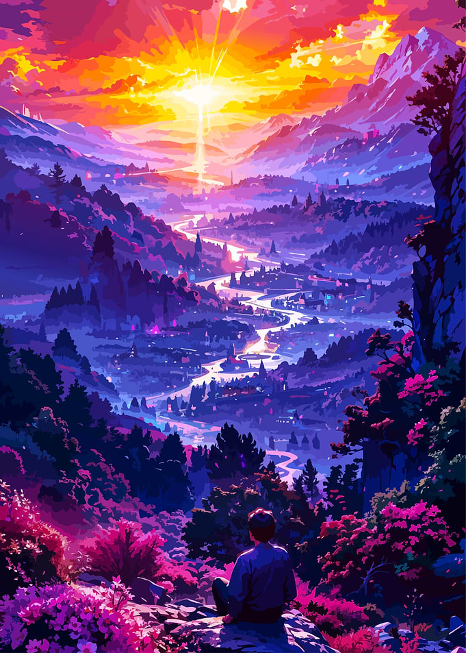 Person overlooking a vibrant sunset valley