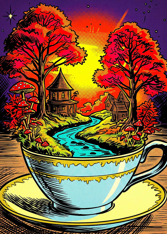 Teacup World Fantasy Retro Poster