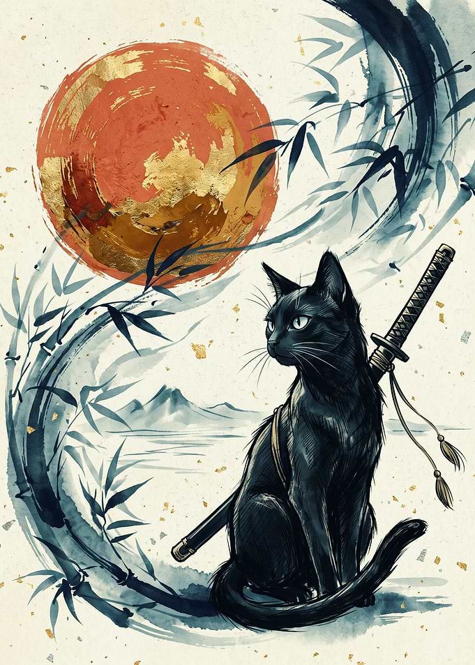 Samurai Cat Japanese Art Black Cat With Sword Watercolor