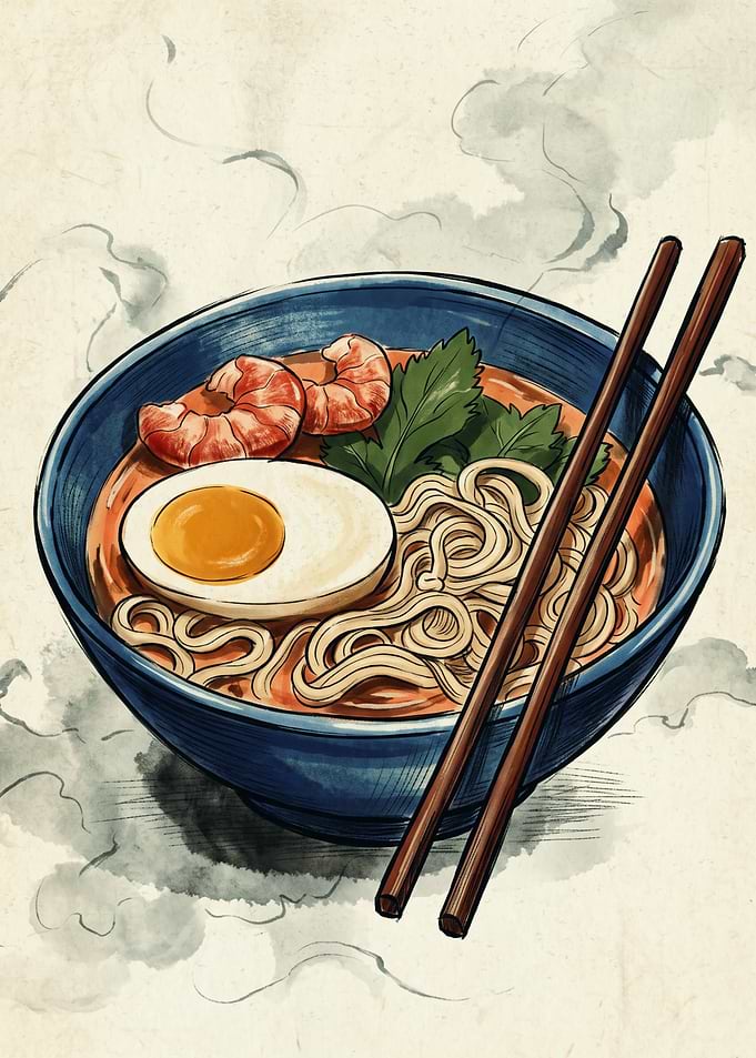 Shrimp Ramen Bowl Japanese Food Illustration Pencil Sketch