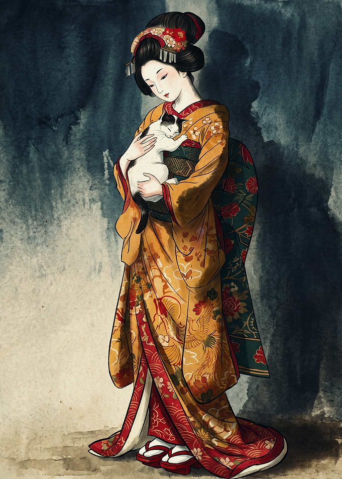 Geisha Holding Cat Japanese Art Ukiyo-e Style