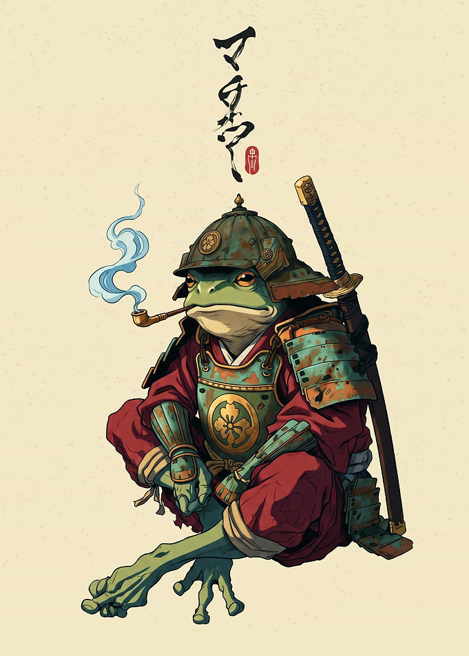 Samurai Frog Smoking Pipe Japanese Warrior Art Print Illustration