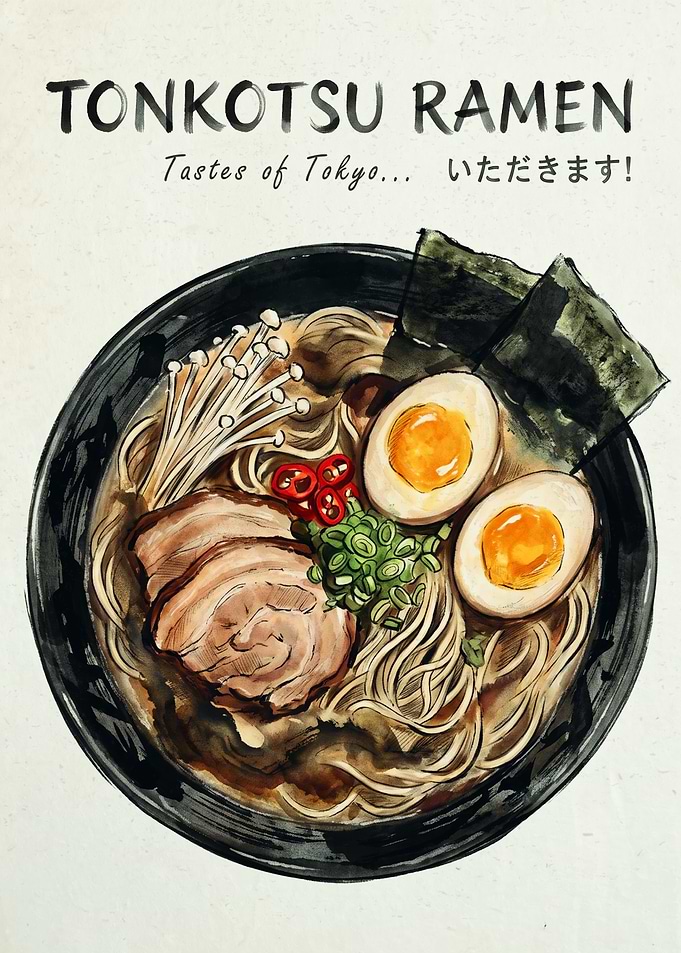 Tonkotsu Ramen Japanese Food Poster Food Art Watercolor Illustration