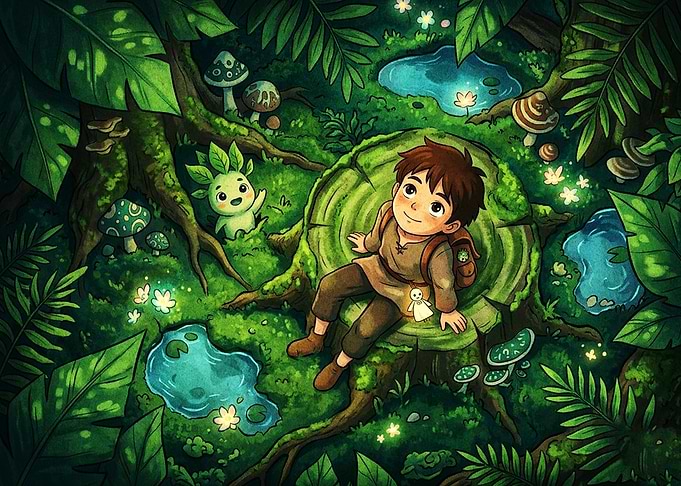 Boy Resting on Forest Stump