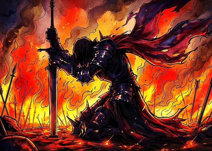 Dark Knight Fire Sword Fantasy Art
